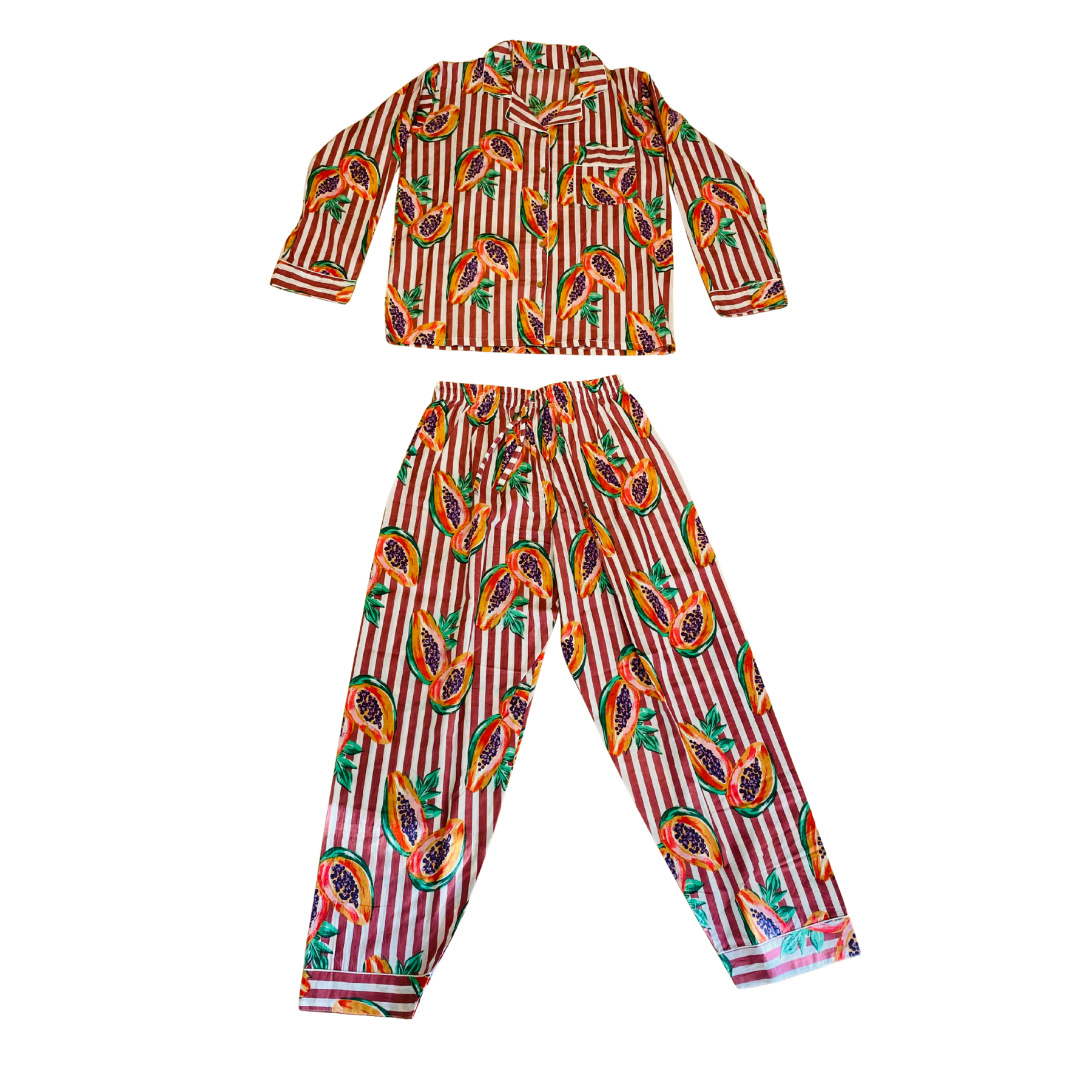 Kelling Home Block Print Cotton Pyjama Set – Papaya Maroon Stripe