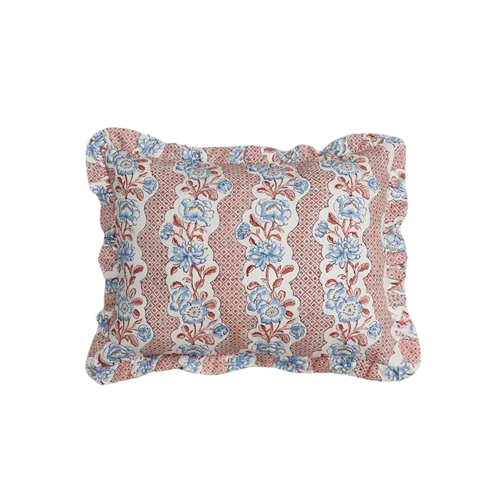 Pink Blooming Trellis Block Printed Ruffled Cushion Cover