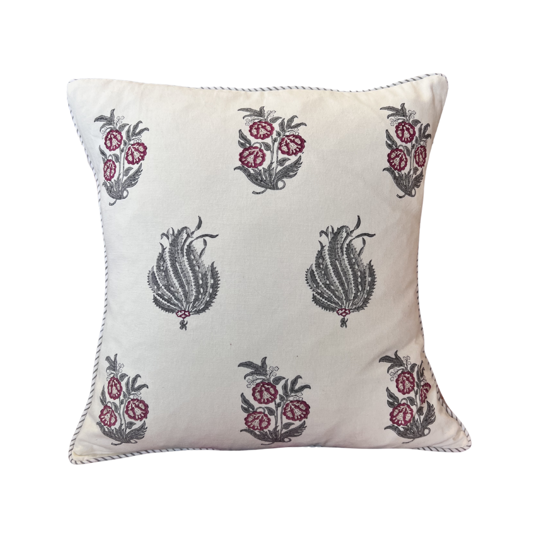 Linen Deep PInk Flowers with Grey Leaves Cushion, Grey & White piping