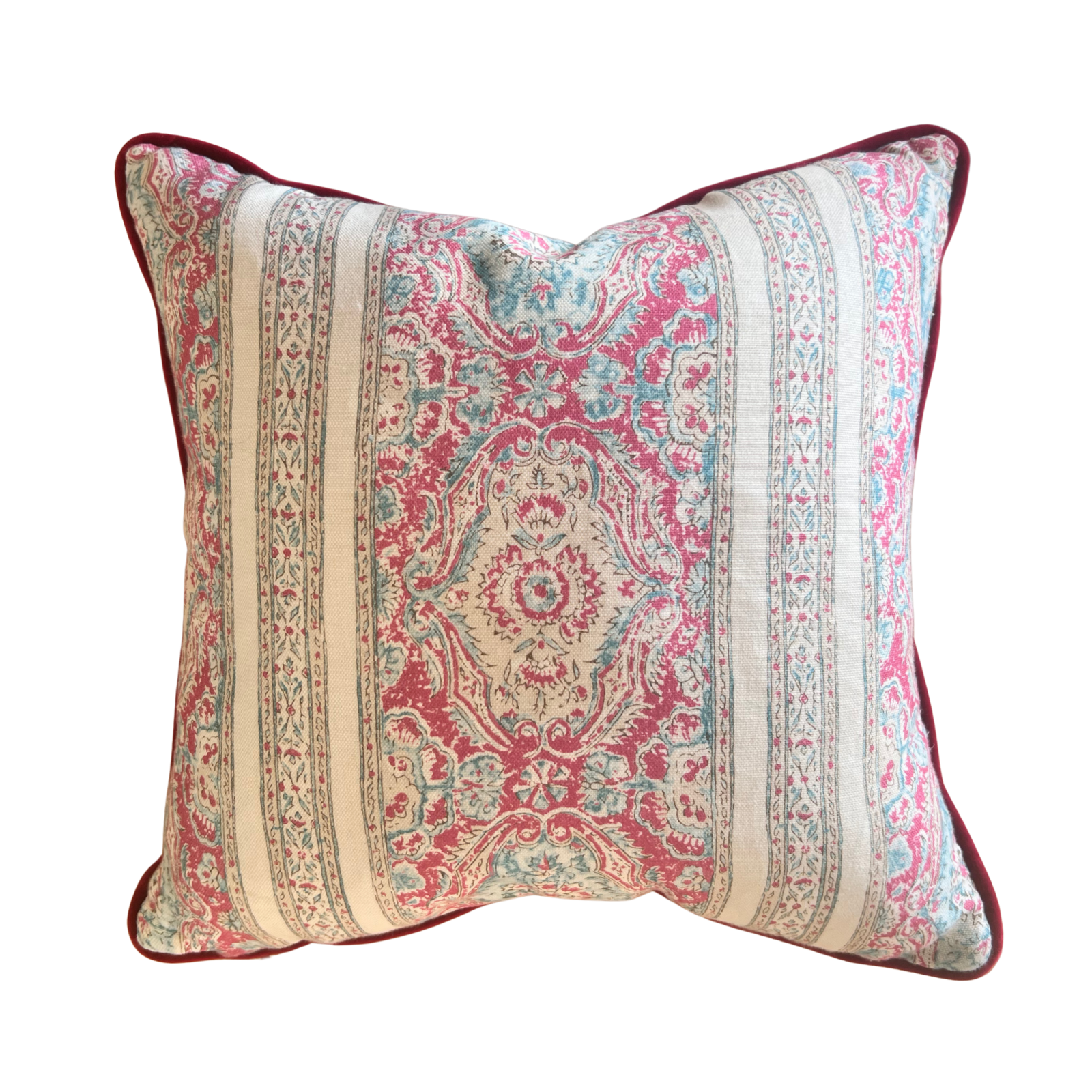 Pink & Blue Cushion with Velvet Cherry Piping