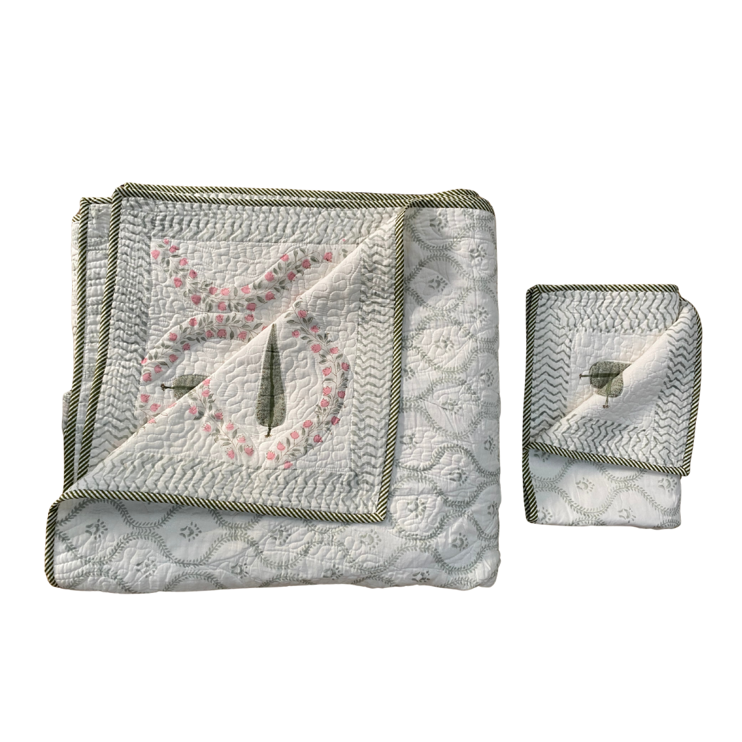 Pink Trellis with Green Leaves Bedspread with Pillowcases - Single