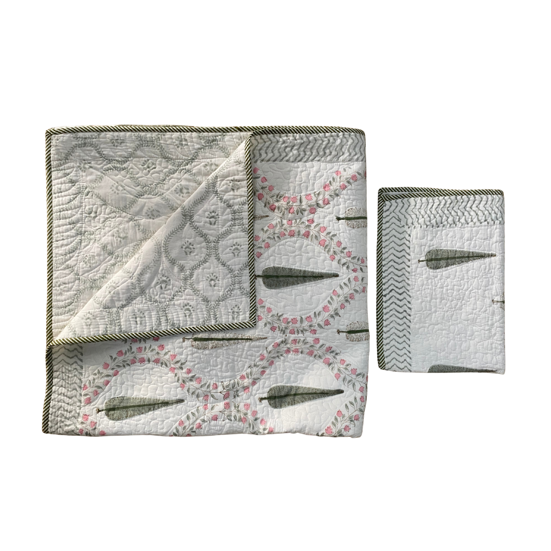 Pink Trellis with Green Leaves Bedspread with Pillowcases - Single