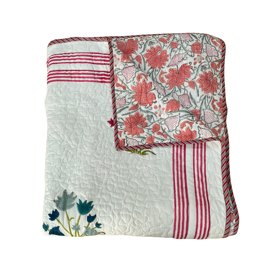 Pink,Yellow and Blue Flower with Red Stripe Bedspread - Double