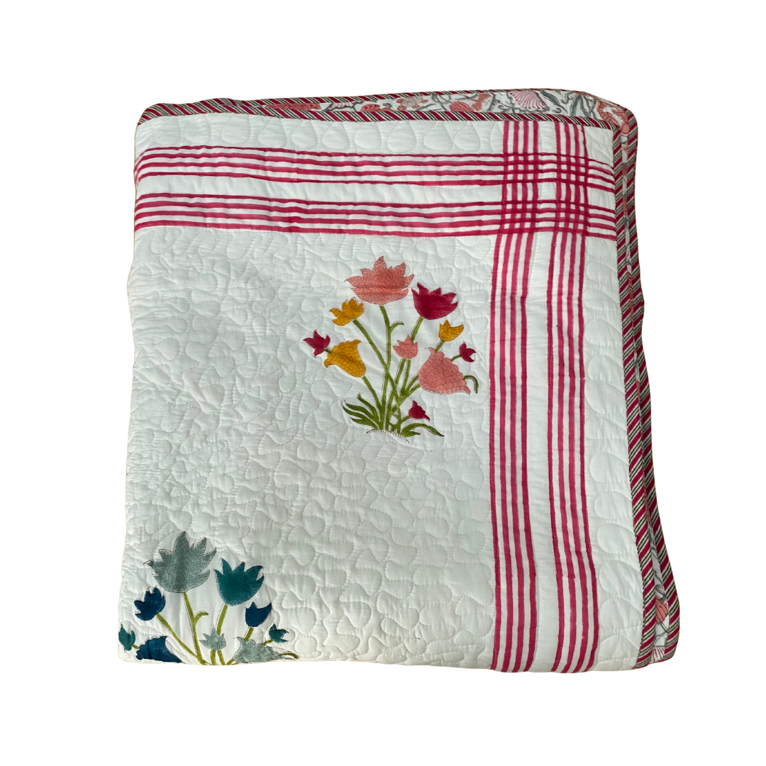 Pink,Yellow and Blue Flower with Red Stripe Bedspread - Double