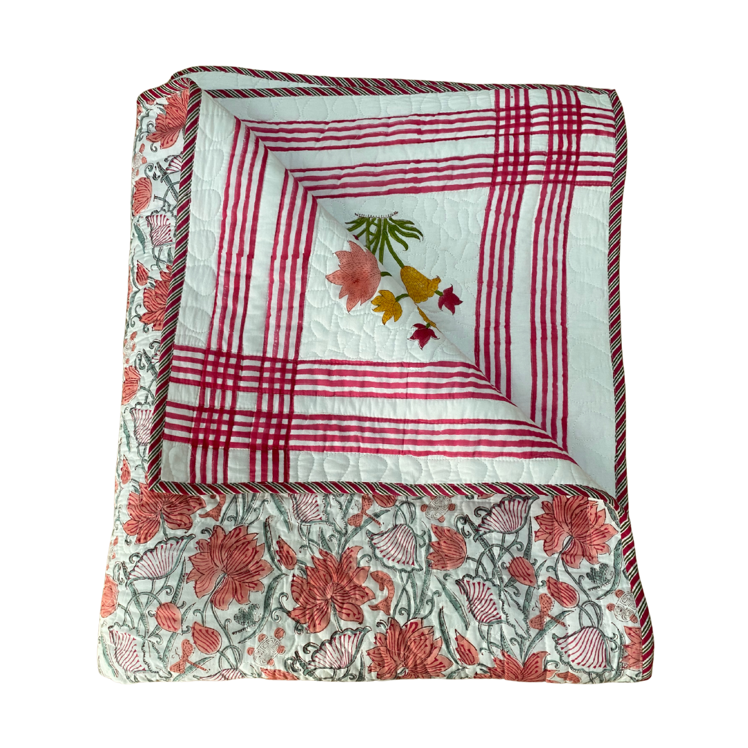 Pink,Yellow and Blue Flower with Red Stripe Bedspread - Double