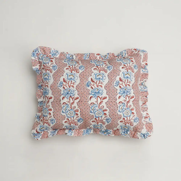 Pink Blooming Trellis Block Printed Ruffled Cushion Cover