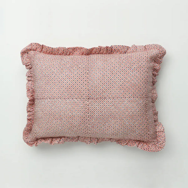 Pink Dot & Grid Block Printed Ruffled Cushion Cover