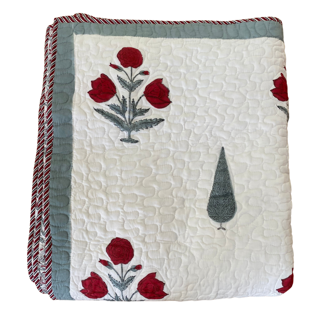 Quilted Bedspread with Red Rose and Stripe - Double