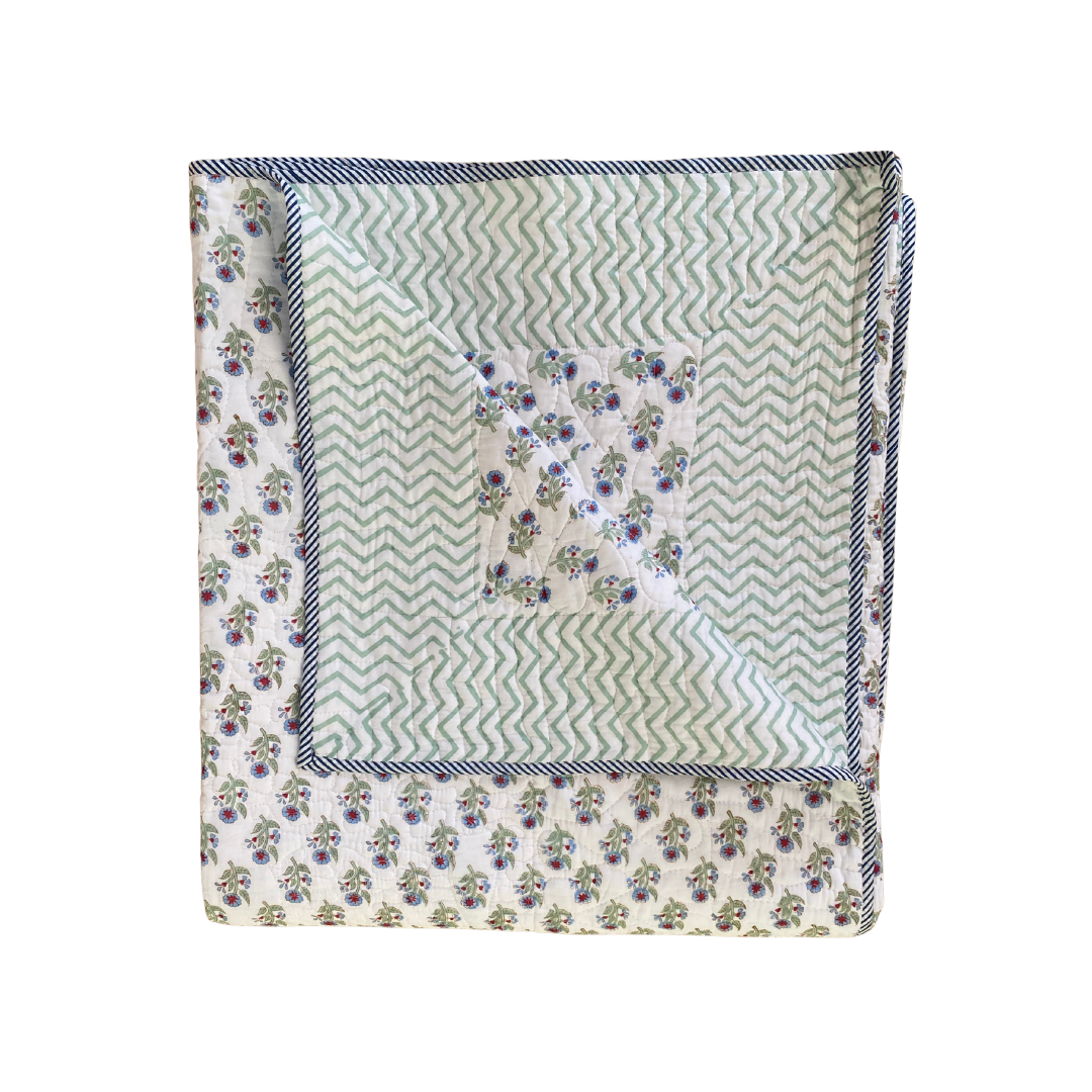 Red & Blue Forget Me Not Floral Quilted Cotton Bedspread - Double