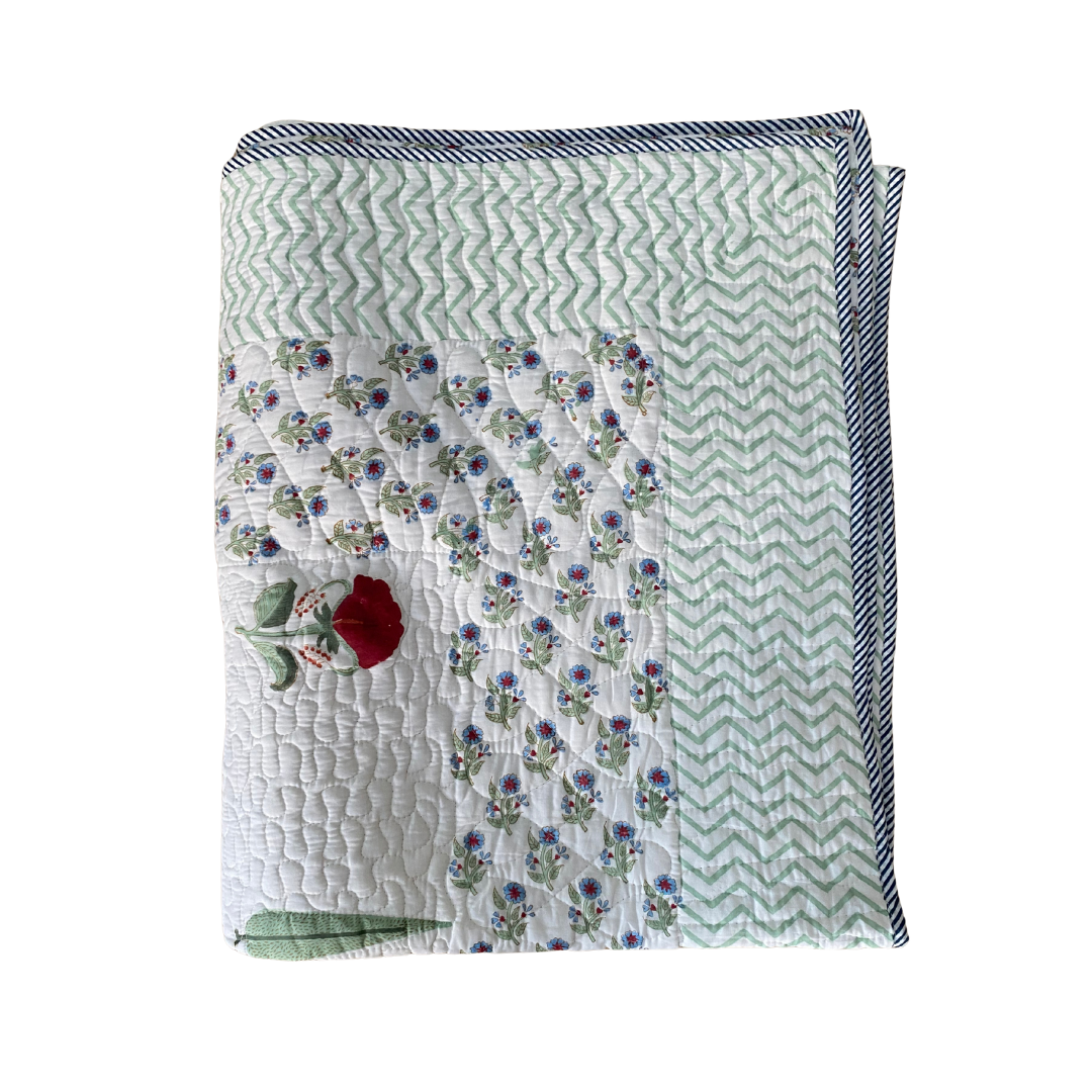 Red & Blue Forget Me Not Floral Quilted Cotton Bedspread - Double