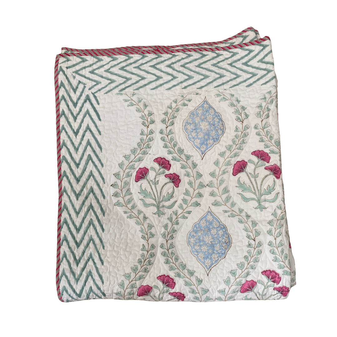 Red Poppy & Blue Teardrop Cotton Bedspread with Pillowcases - Double