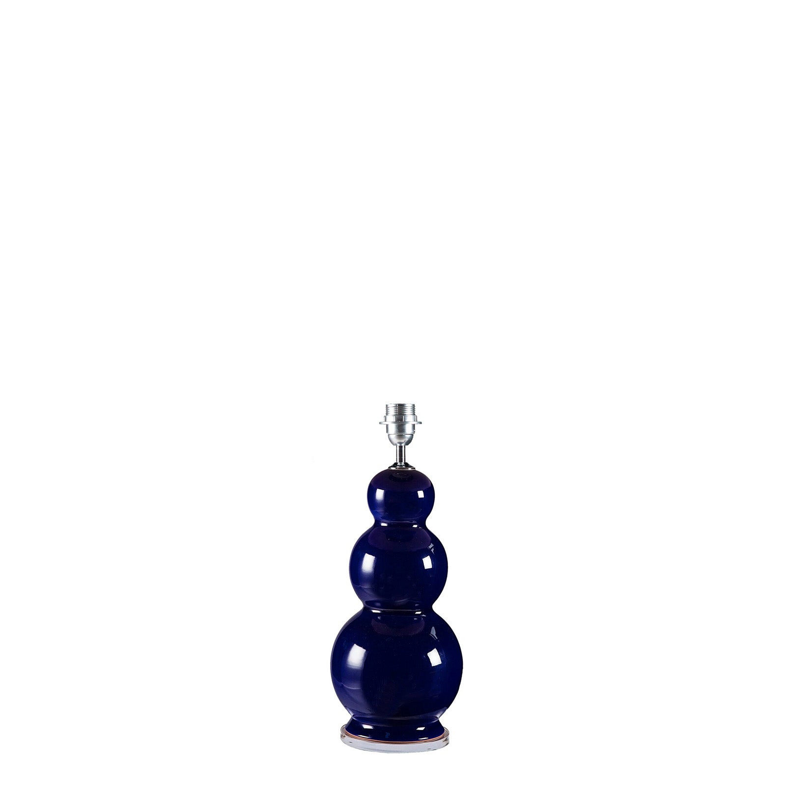 A ceramic lamp with a midnight navy blue finish and a round, bulbous shape at the widest point, with an acrylic base at the bottom.