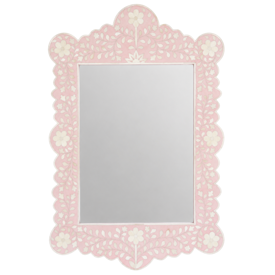 Scalloped Edge Pink Bone Inlay Large Rectangular Mirror