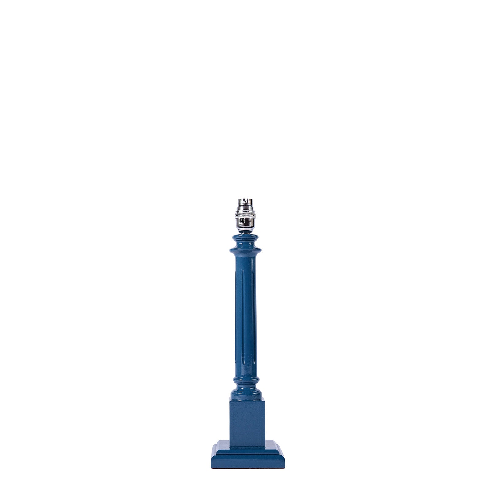A wooden lamp base painted in cornflower blue with a high gloss lacquer finish, designed for use with a lampshade.