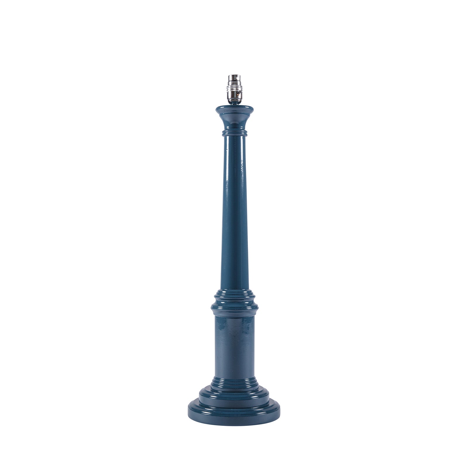 A cornflower blue wooden lamp base with a high gloss lacquer finish, designed for use with a lampshade.