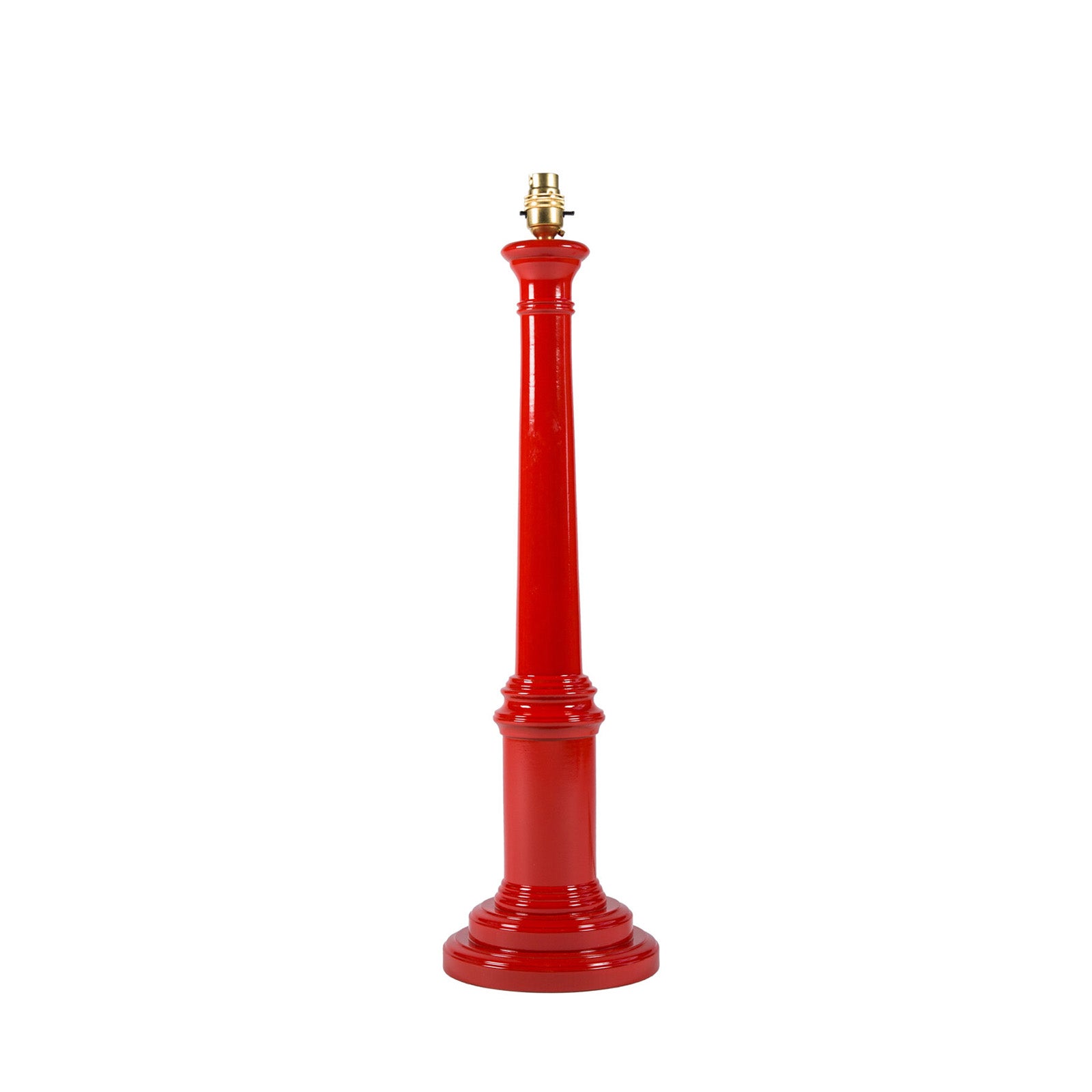A red wooden lamp base with a high gloss lacquer paint finish, designed for use with a lampshade.