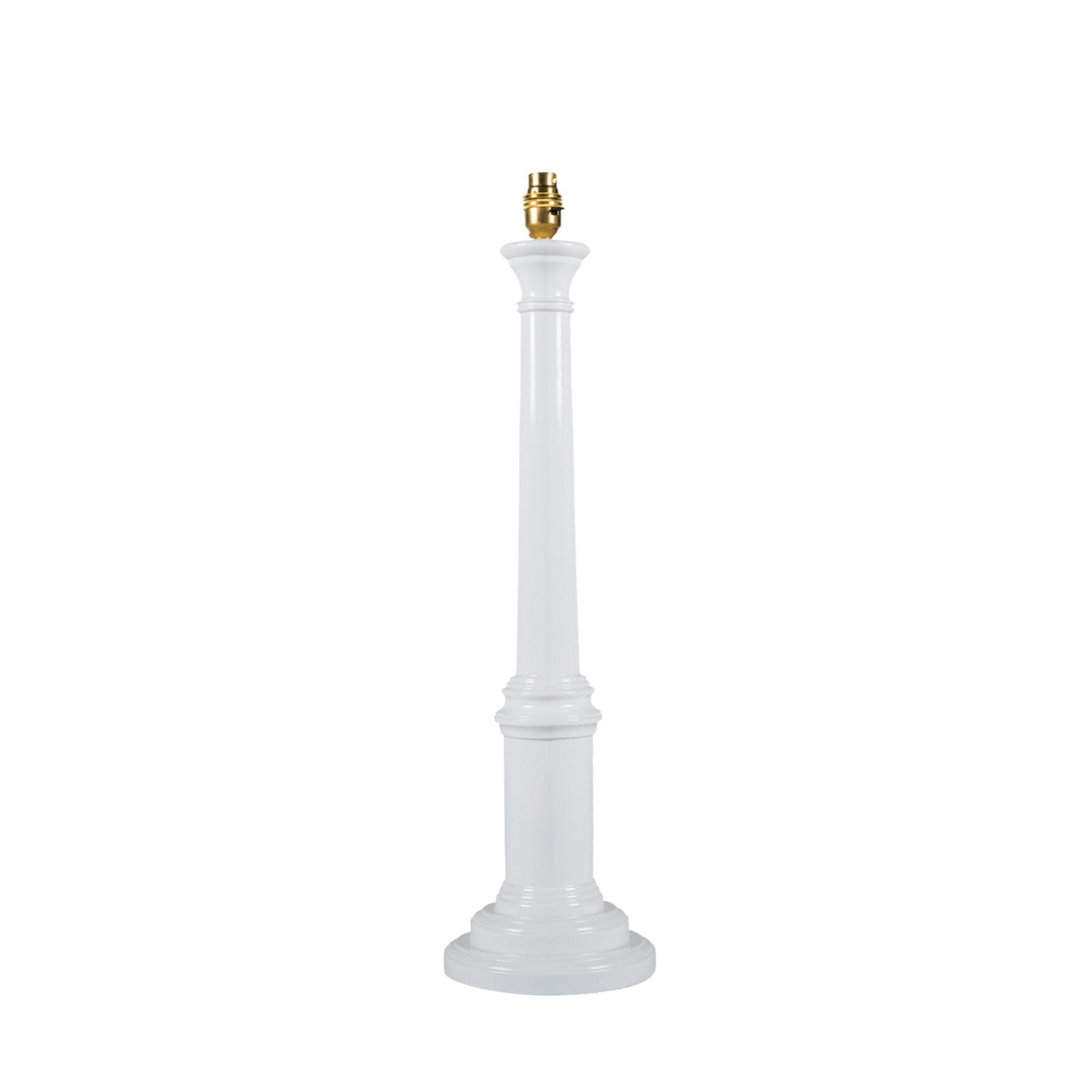 A white, wooden lamp base with a high gloss lacquer paint finish, designed for use with lampshades.