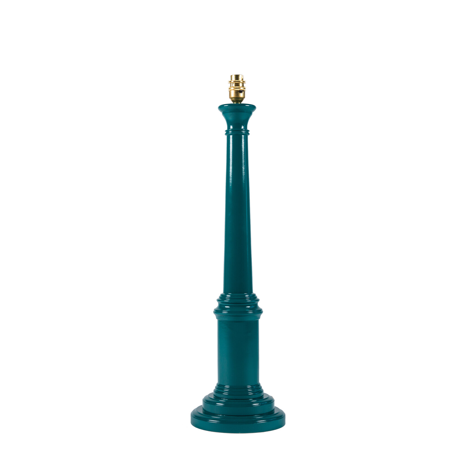 A teal colored wooden lamp base with a high gloss lacquer paint finish, designed for use with lampshades.
