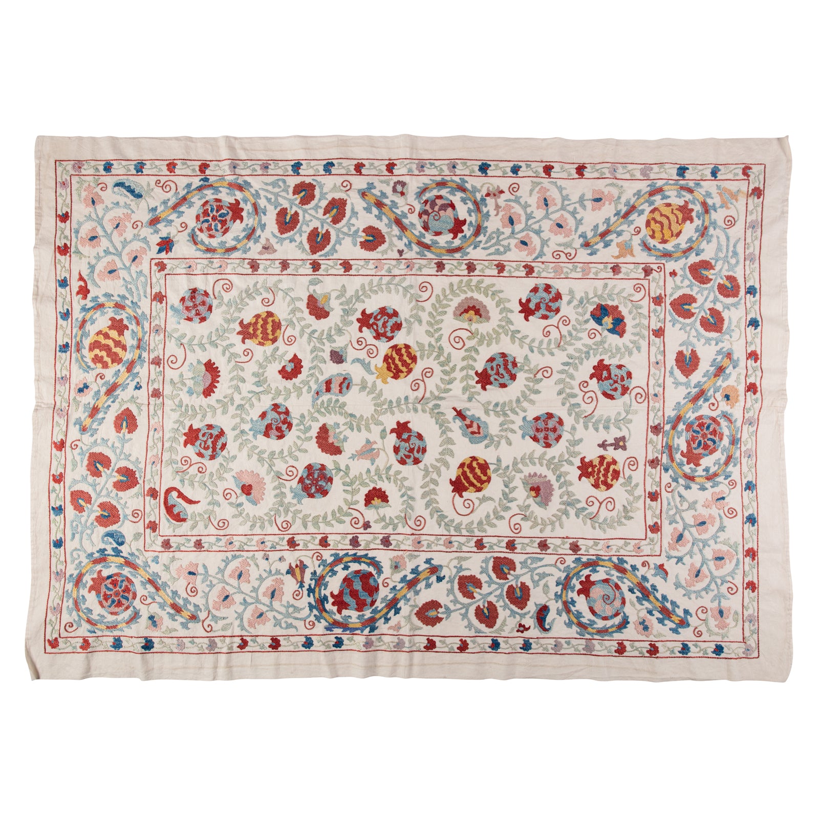 Suzani with Burnt Orange and Blue Pomegranates