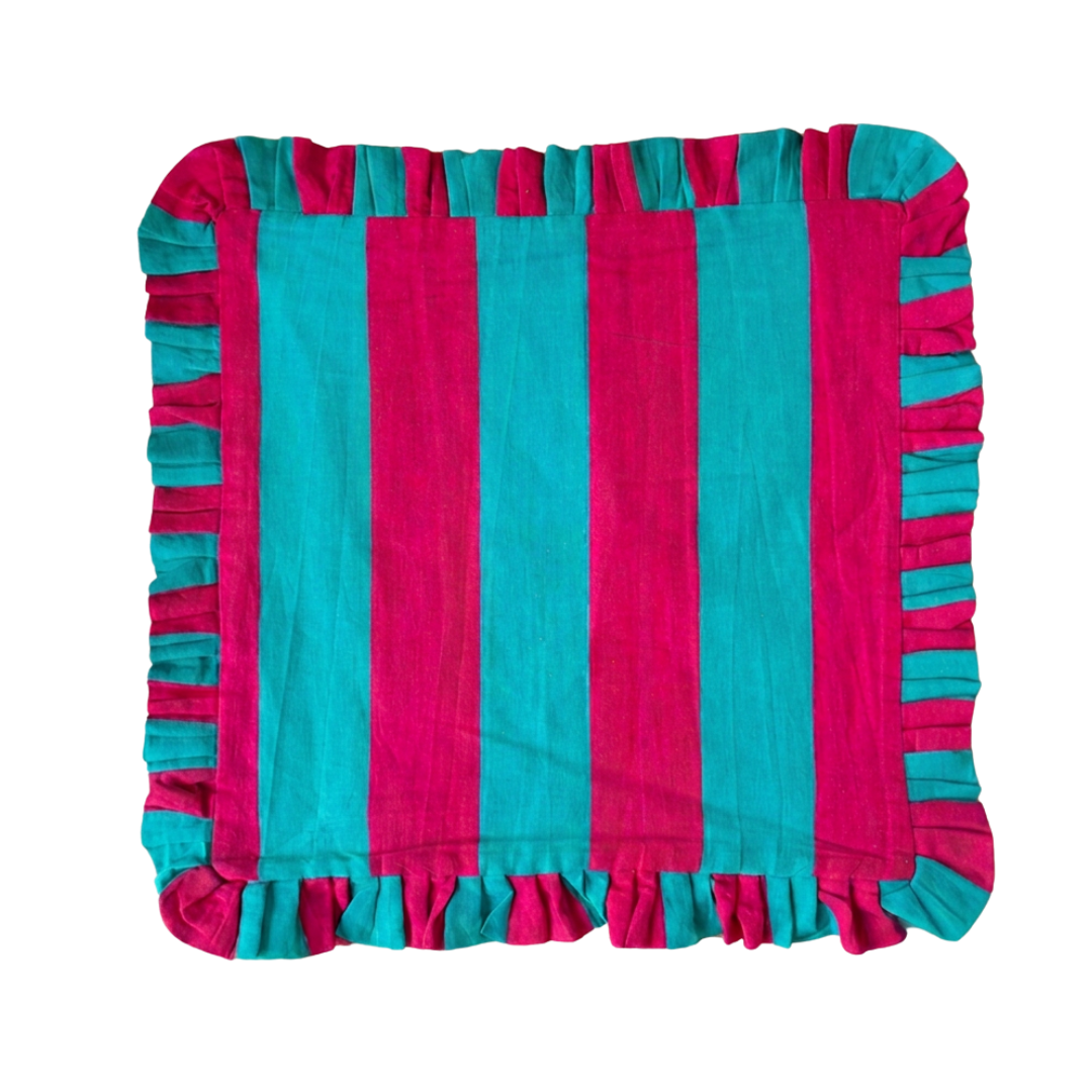Linen Ruffle Cushion Cover - Fuchsia and Turquoise