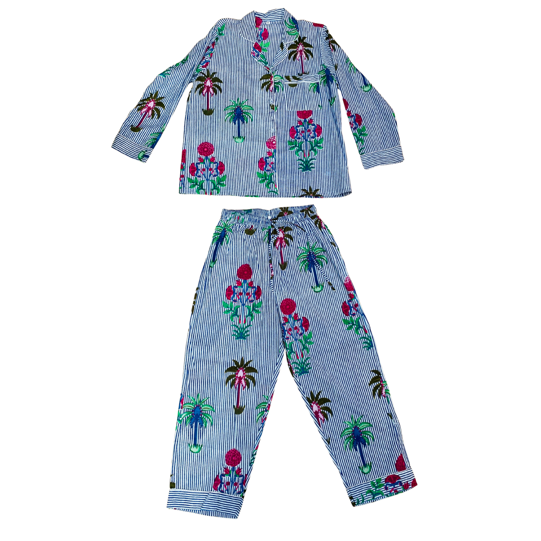 Kelling Home Block Print Cotton Pyjama Set – Blue Stripe and Flowers