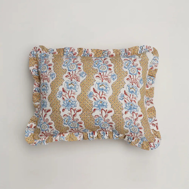 Yellow Blooming Trellis Block Printed Ruffled Cushion Cover