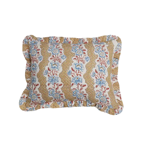 Yellow Blooming Trellis Block Printed Ruffled Cushion Cover