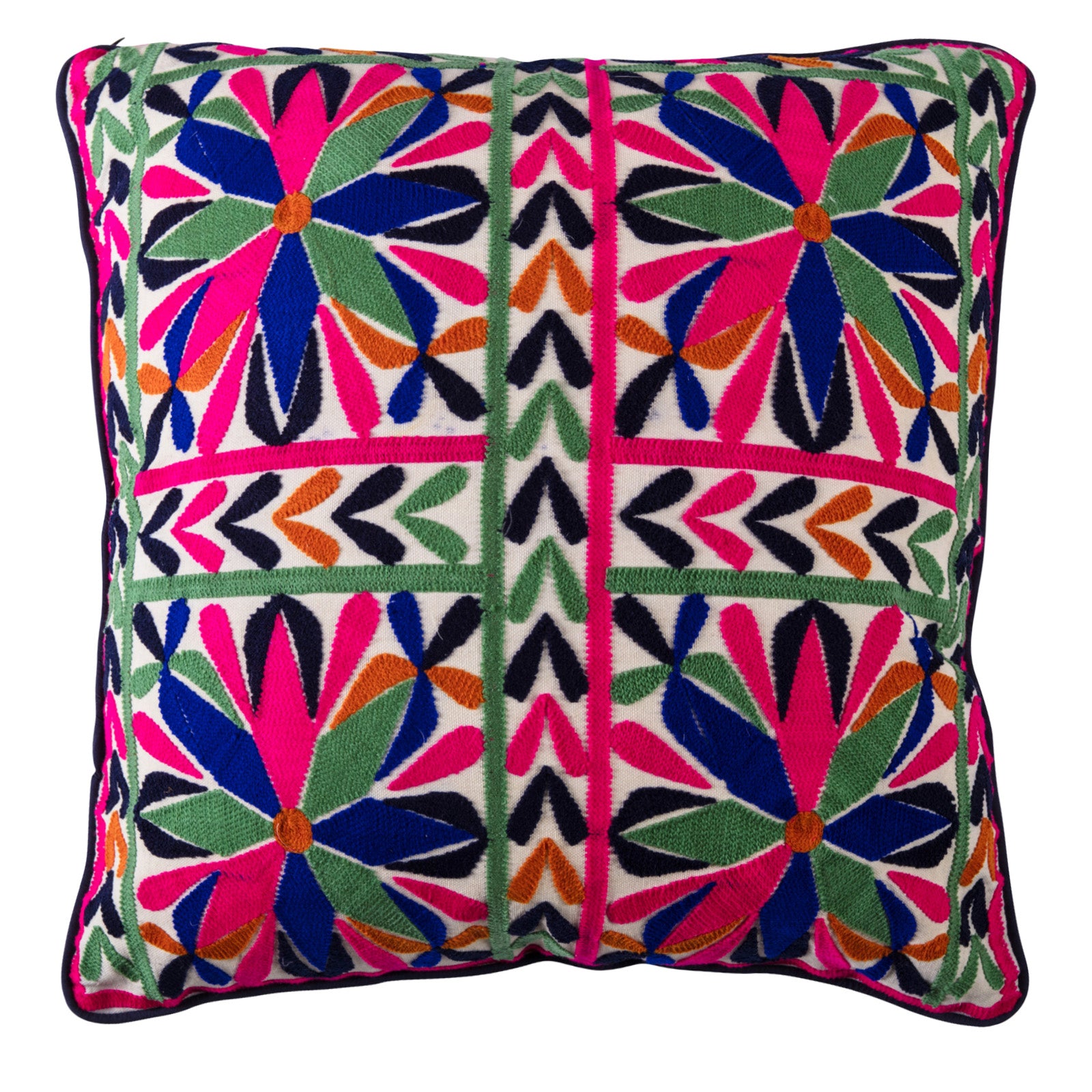 Embroidered Cushion with Blue Velvet Back