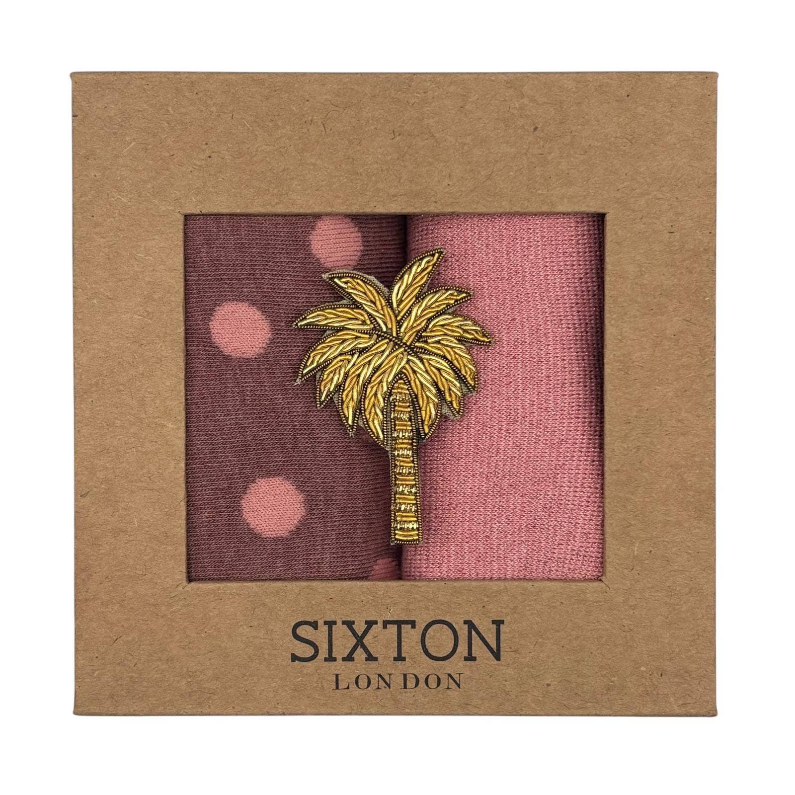 Pink Porto & Tokyo sock box duo with Palm Tree brooch