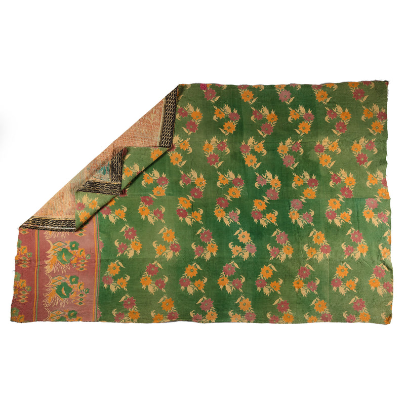 Large Multicoloured green and gold patterned bedspread.