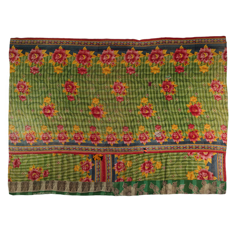 Large Green, Orange Floral Patterned Bedspread