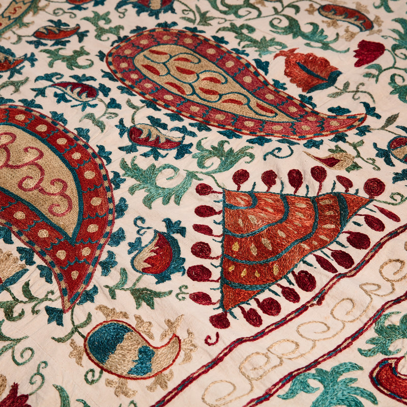 Large Red, Teal, Green and Gold Hand Embroidered Suzani
