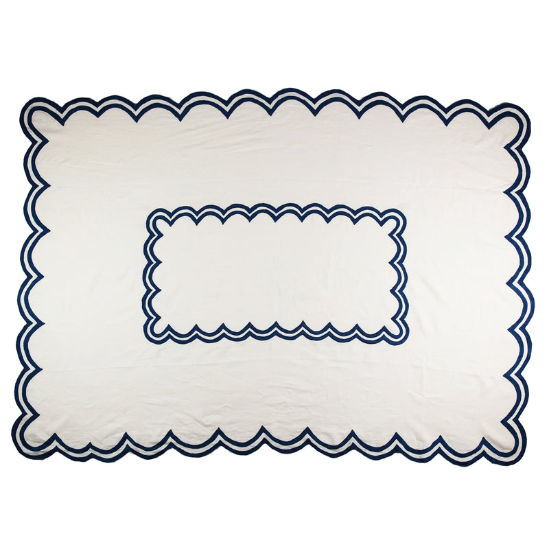 Navy scalloped linen tablecloth