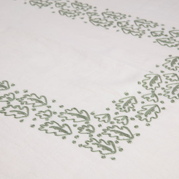 Sage leaf embroidered linen tablecloth