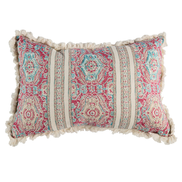 Pink and blue tapestry lumbar cushion with cream fringe