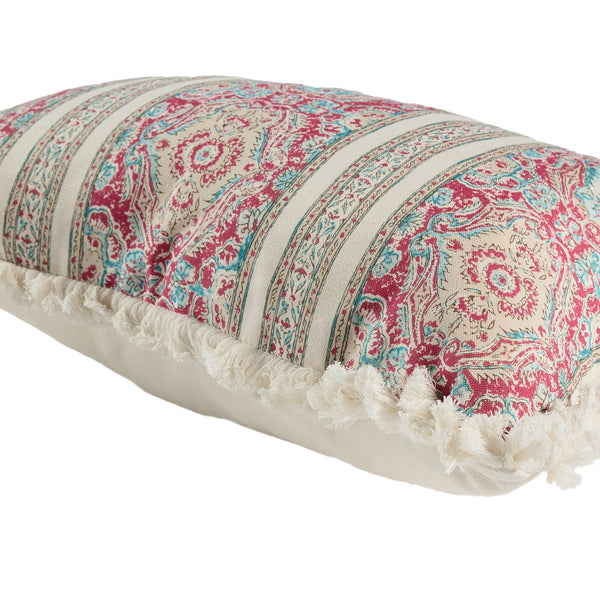 Pink and blue tapestry lumbar cushion with cream fringe