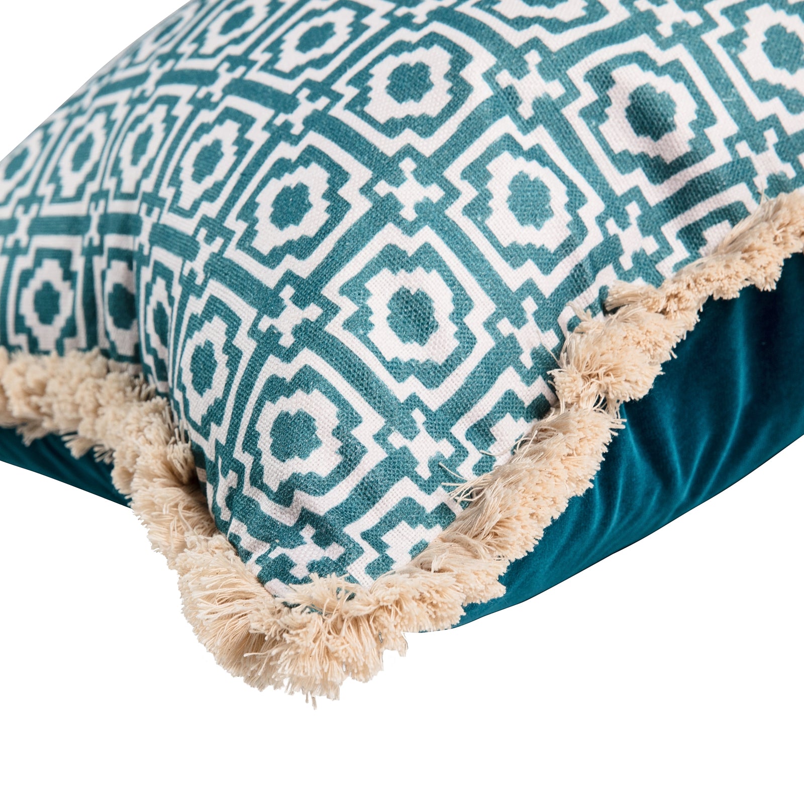 Alotablots cushion in Teal with Teal velvet back and cream fringe