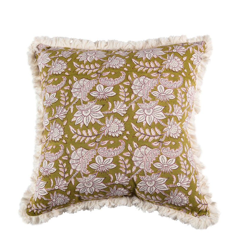Limited Edition square green cushion with white and red floral detail and cream fringing