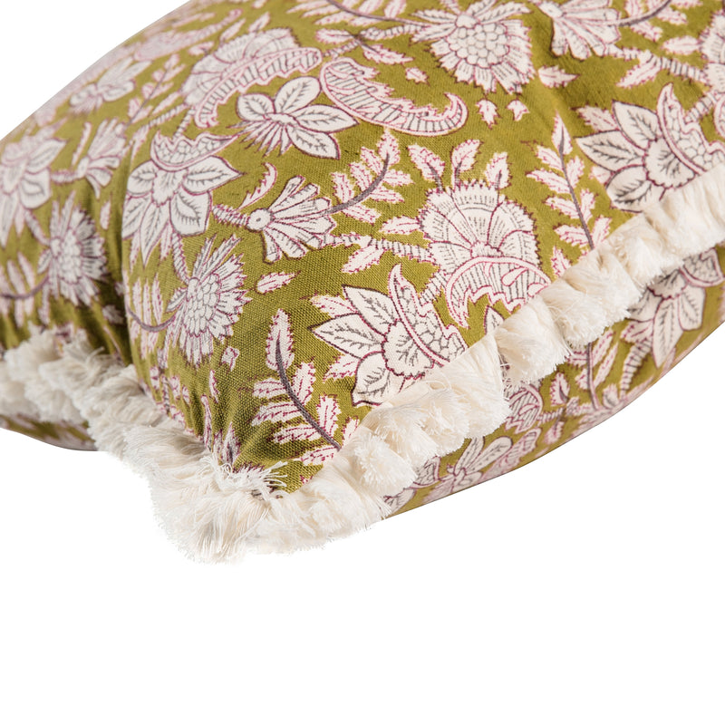Limited Edition square green cushion with white and red floral detail and cream fringing