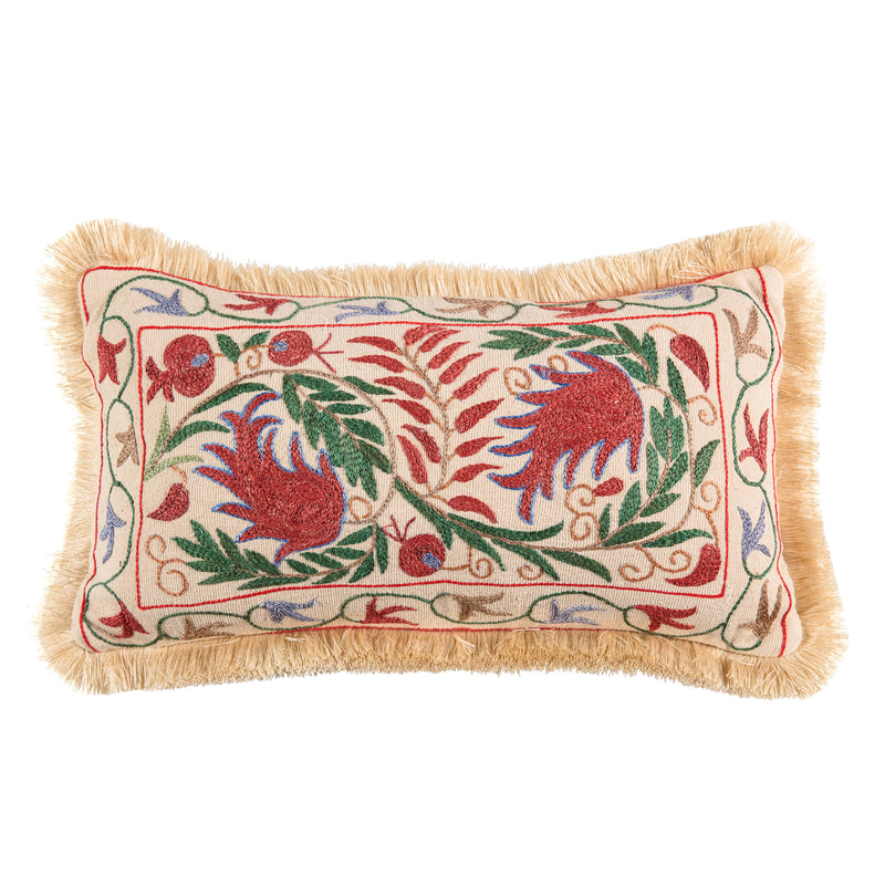 Limited edition small green and red lumbar cushion with fringe
