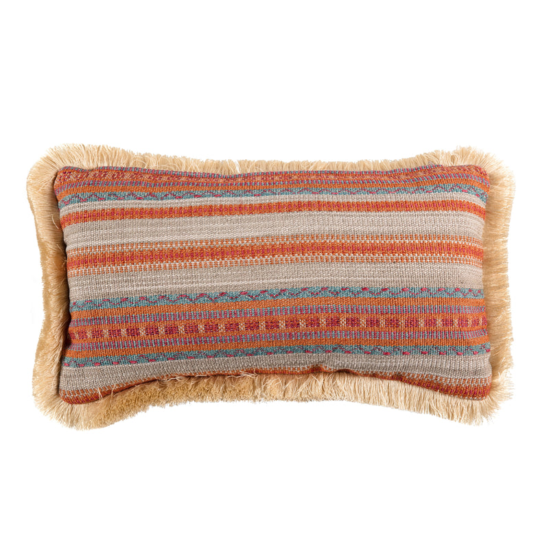 Limited edition small green and red lumbar cushion with fringe