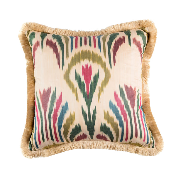 Limited Edition Ikat square cushion with peridot back and cream fringe