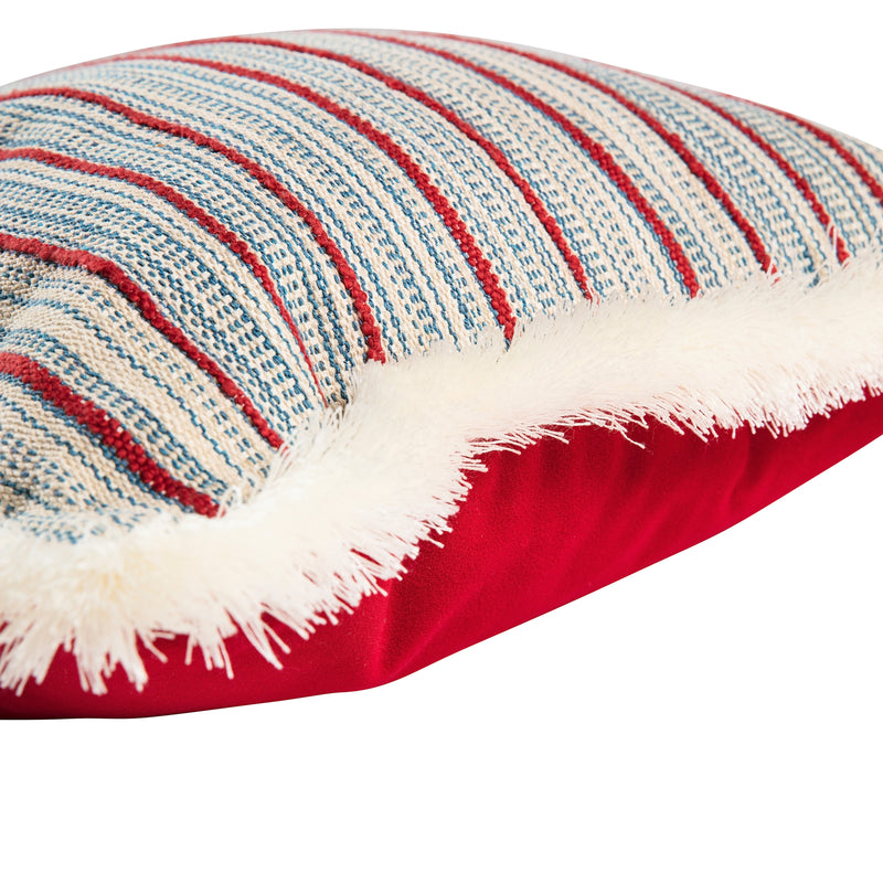 Limited Edition blue and red striped square cushion with fringe