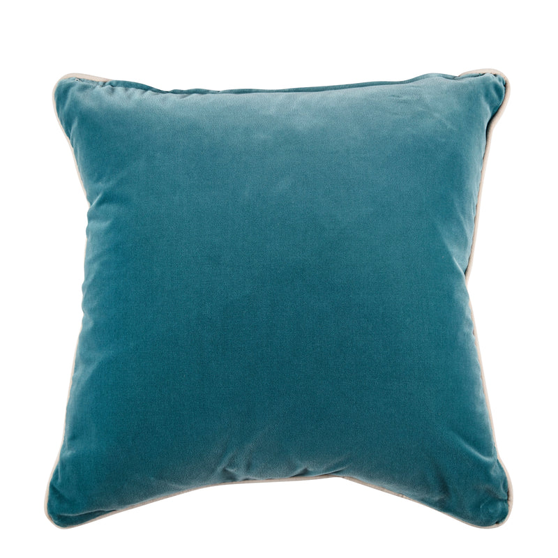 Blue floral square cushion with blue velvet back and white velvet piping