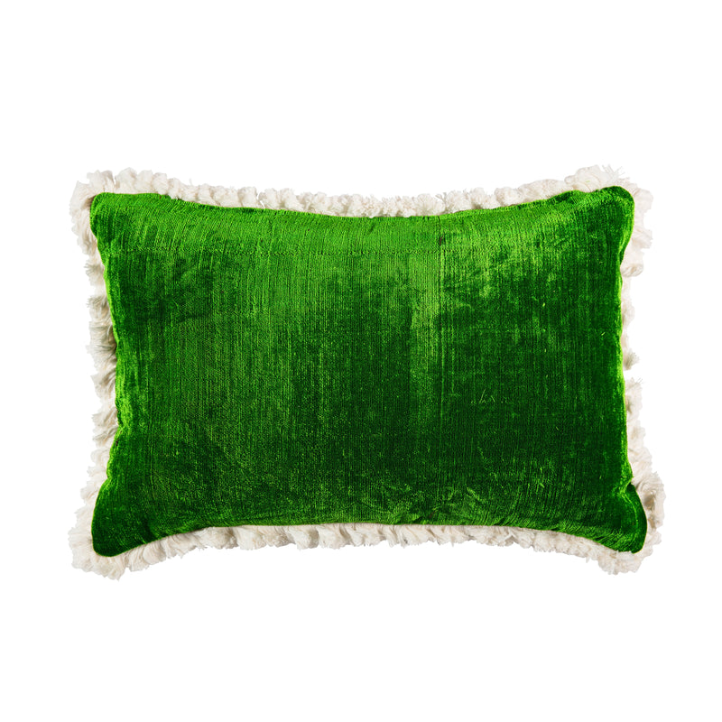 Limited Edition green and white ikat lumbar cushion with fringe