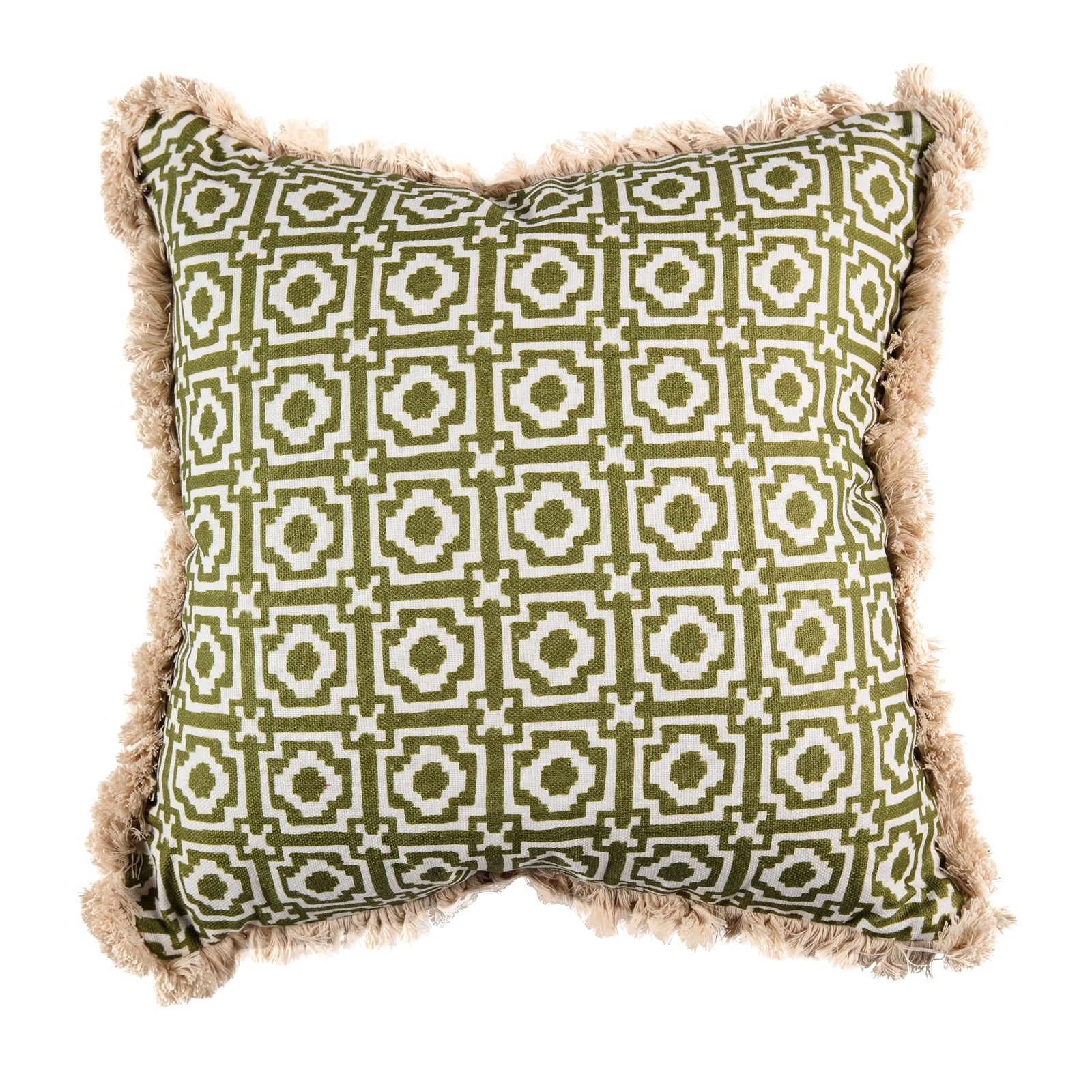 A square-shaped cushion with a geometric pattern in green color and cream fringe.