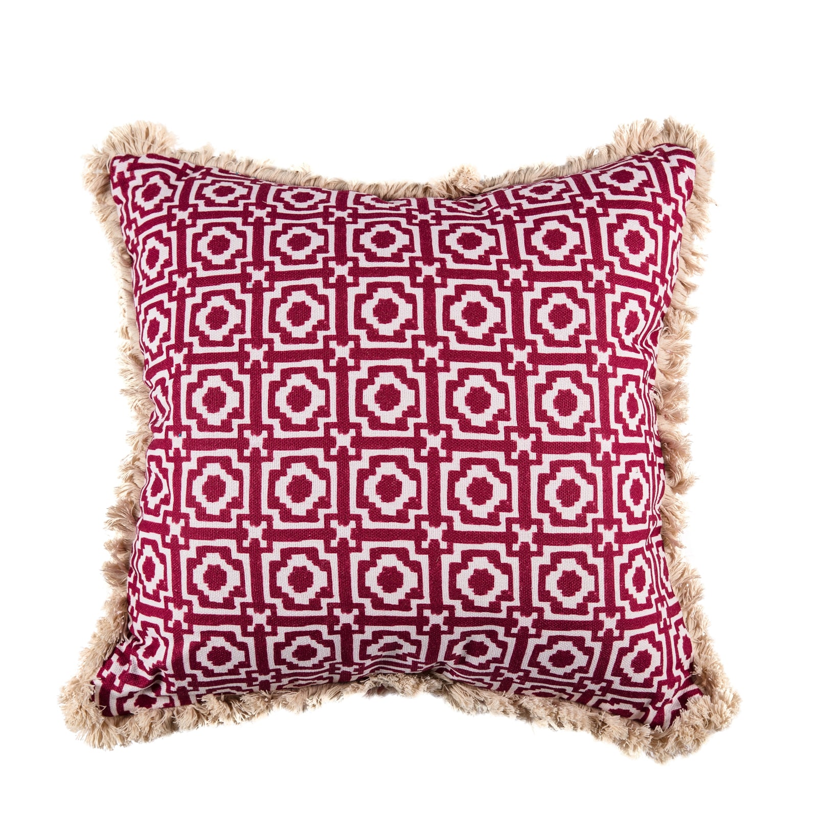 A square-shaped cushion with a geometric pattern in a raspberry color, featuring a velvet back and a cream fringe.