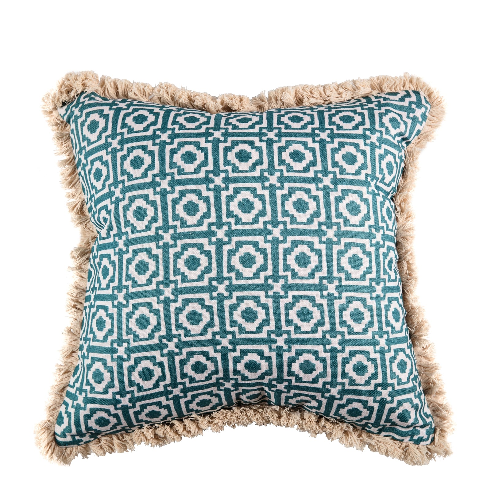 A square-shaped cushion with a geometric pattern in teal color, featuring a velvet back and cream fringe.