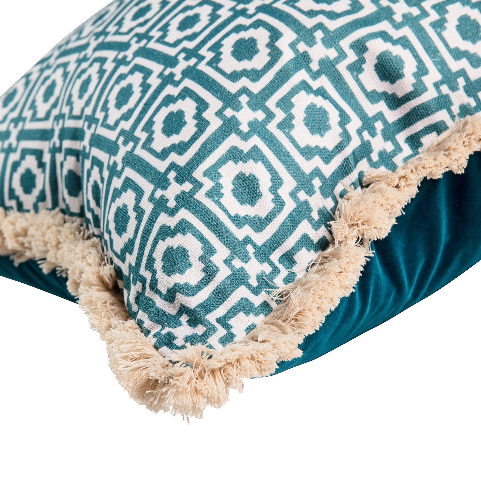 Alotablots Cushion - Teal with Teal Velvet Back and Cream Fringe
