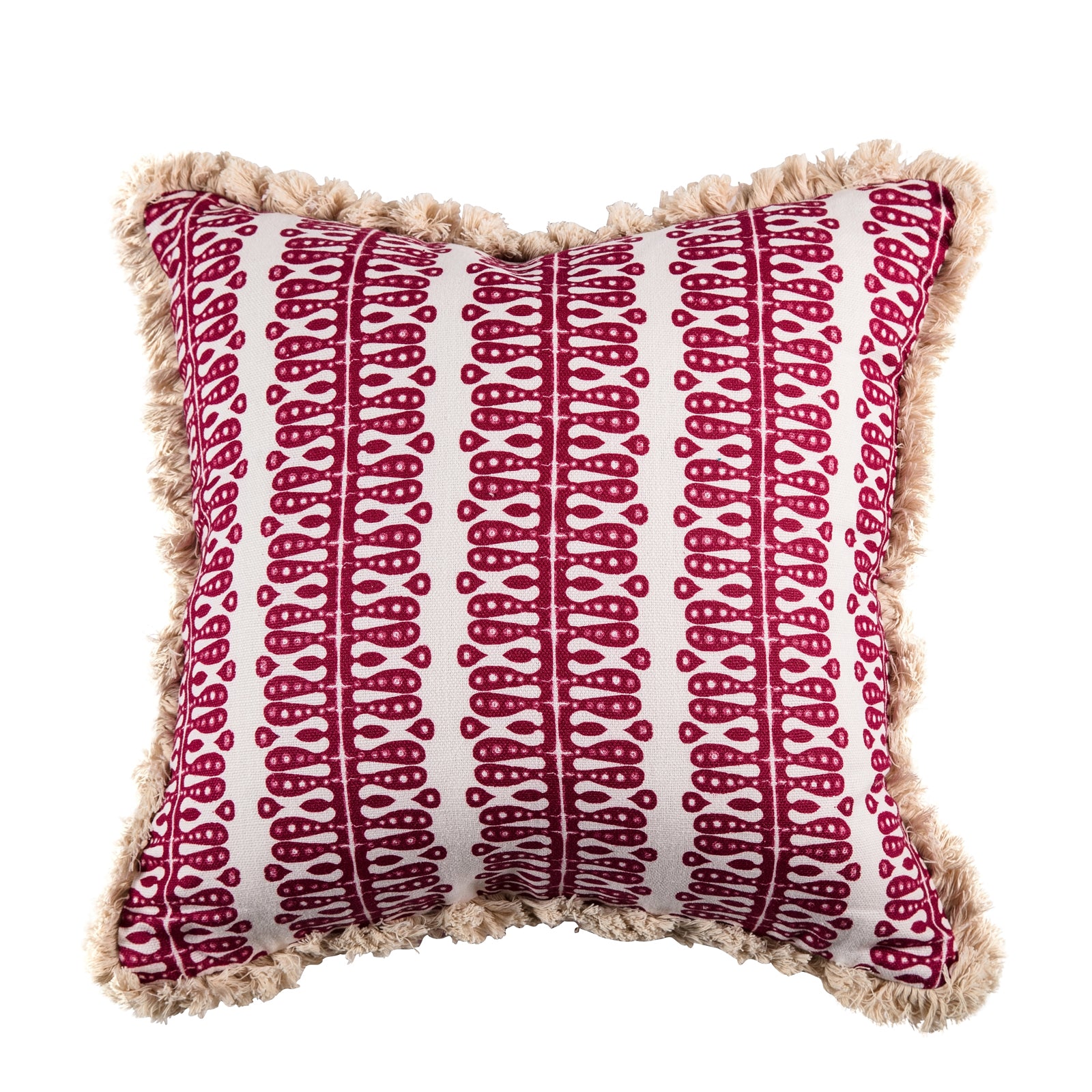 A square-shaped cushion with a geometric pattern in raspberry color, backed with a raspberry velvet, and adorned with a cream fringe.